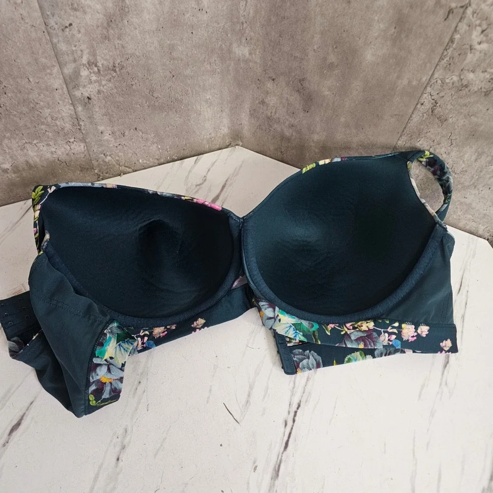 Cacique 46DD Lightly Lined‎ Balconette Floral Underwire Bra Teal Pink Blue